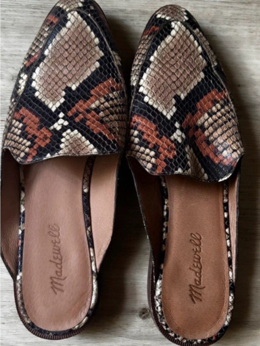 Madewell Snake-Print Slip-On Mules in Tan, Black & Brown